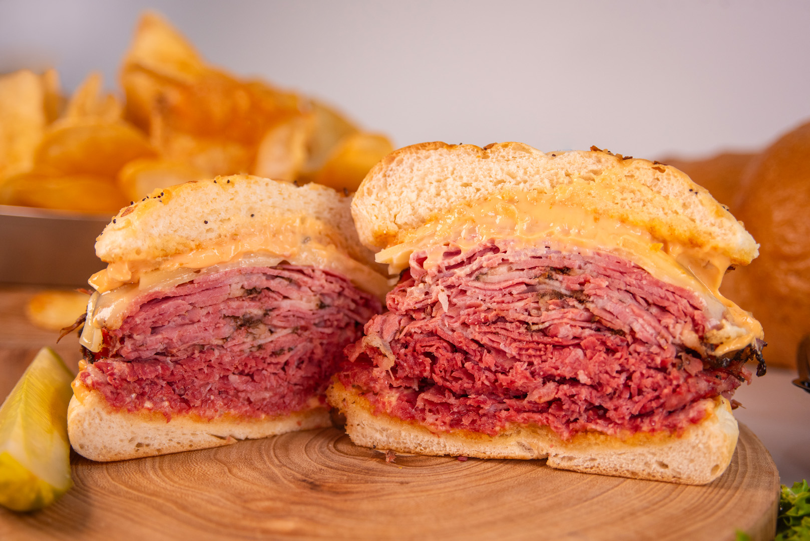 A hand-stacked corned beef sandwich from Bread Basket Deli